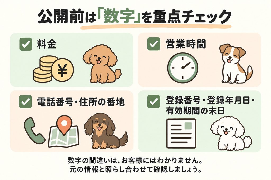 公開前に確認したい料金、営業時間、電話番号、住所の番地、動物取扱業の登録番号や日付